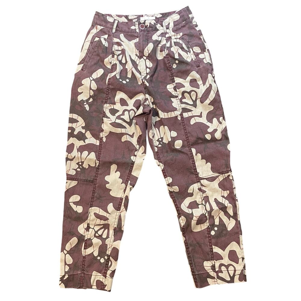 Anthropologie Womens Baggy Barrel Leg Pants Abstract Floral sz 28 Dark Red Cream